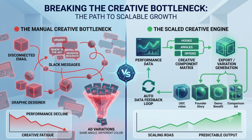Infographic comparing a manual ecommerce ad creative bottleneck versus a scalable automated creative workflow.