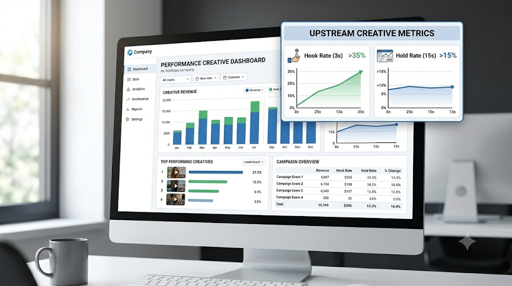 Performance marketing dashboard analyzing ecommerce creative metrics including hook rate and hold rate.